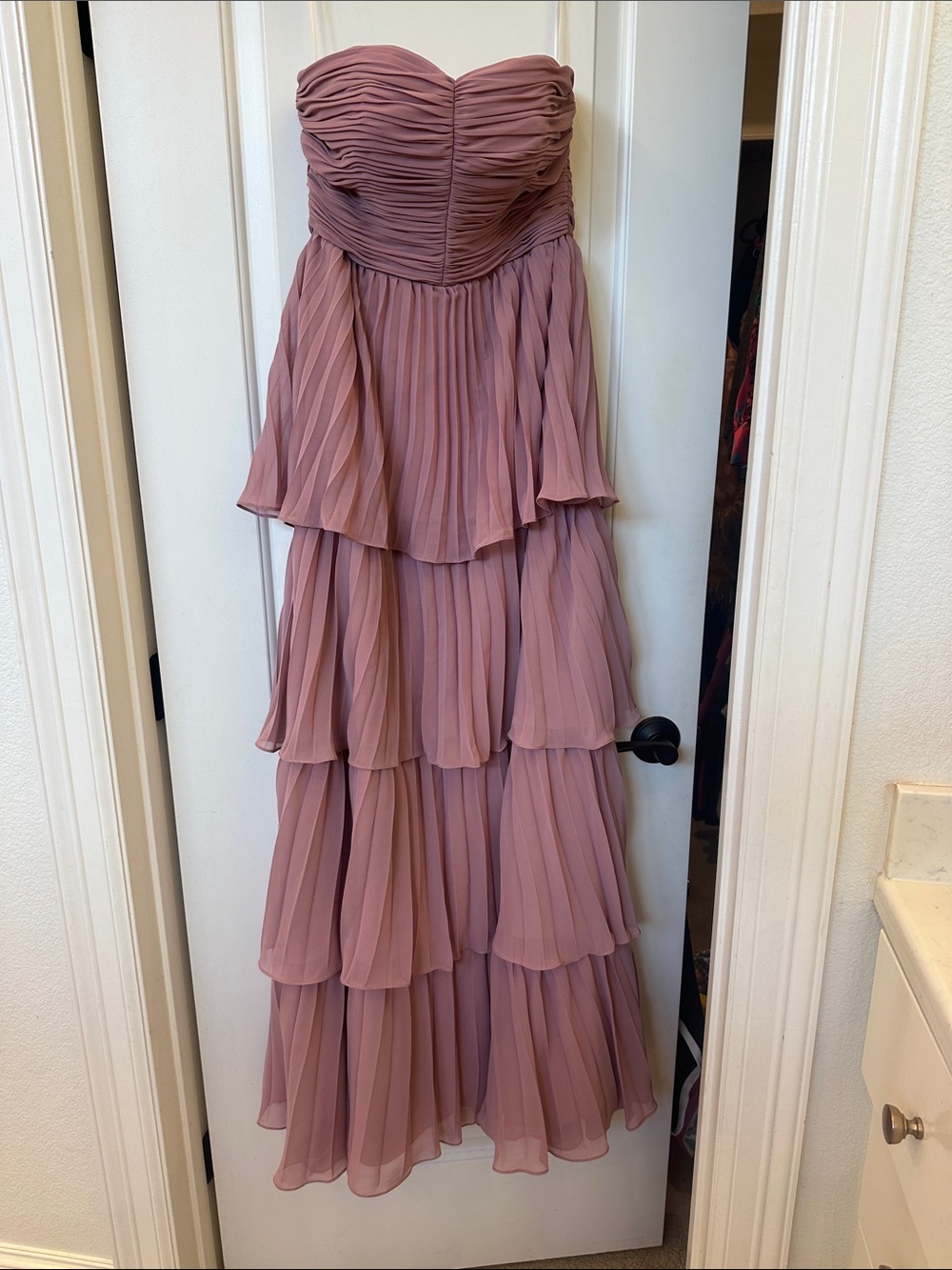 Strapless Tiered Chiffon Maxi Dress in Dusty Rose